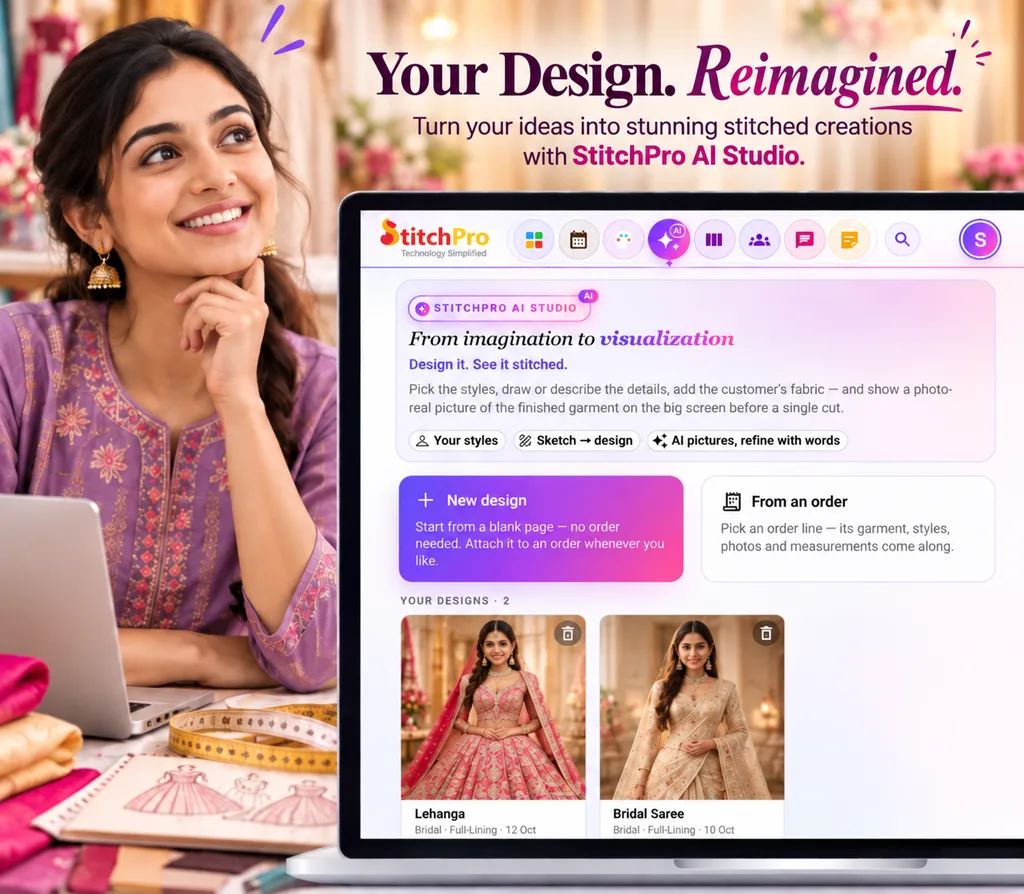 Your Design. Reimagined. — a boutique owner smiling beside a laptop showing StitchPro AI Studio, with photo-real designs of a bridal lehenga and a bridal saree