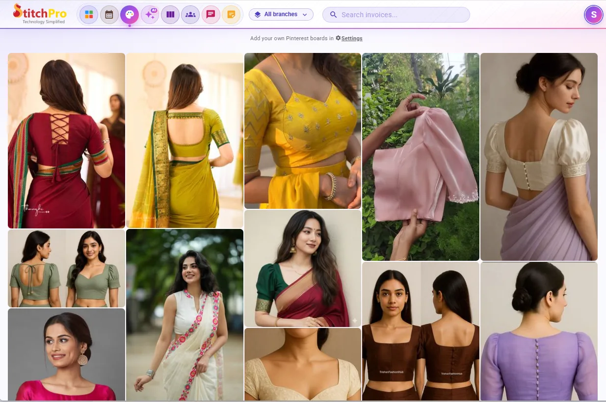 StitchPro Pinterest boards: a wall of blouse design ideas, with your own boards added in Settings