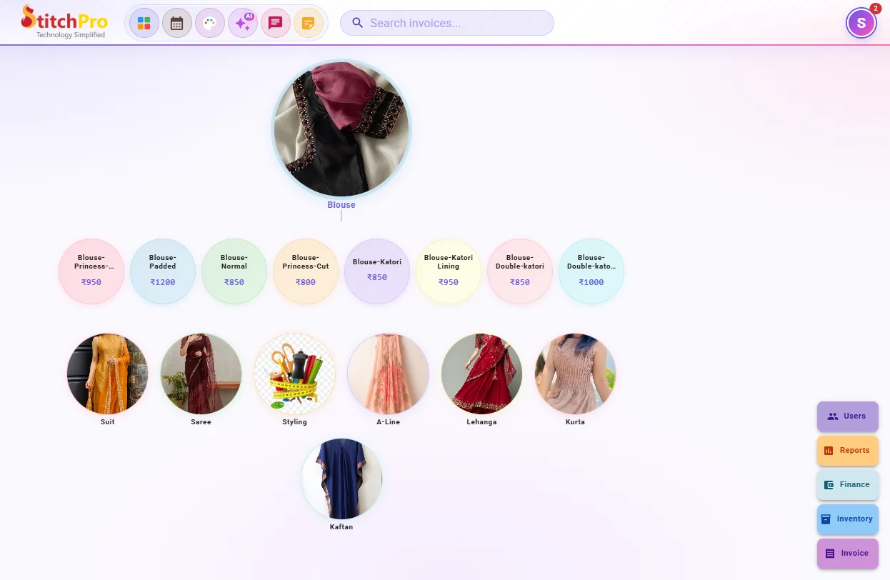 StitchPro work items: garment categories as photo circles, with styles and prices to tap into an invoice